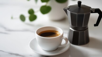 Coffee cup with espresso on white marble table beside moka pot  