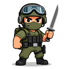 Naklejka premium A sturdy special forces soldier with a combat weapon, fully equipped in special combat gear. Cartoon mascot, illustration, clean lines, flat design, modern, high quality
