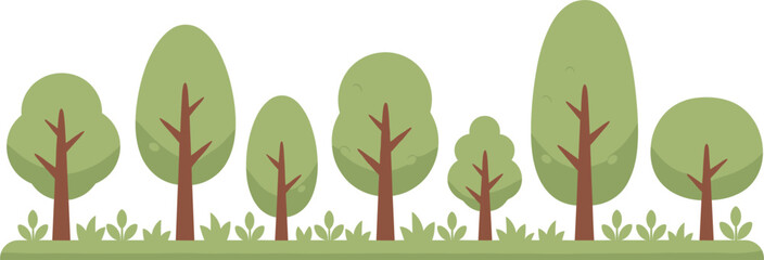 Cute cartoon trees lined up on grass flat vector set
