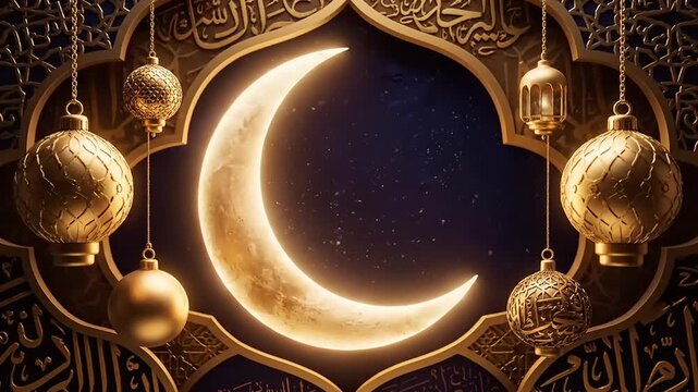 Islamic Crescent Moon and Lanterns, Beautiful Ramadan and Eid Decoration with Arabic Calligraphy