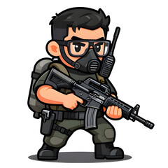 Naklejka premium A sturdy special forces soldier with a combat weapon, fully equipped in special combat gear. Cartoon mascot, illustration, clean lines, flat design, modern, high quality