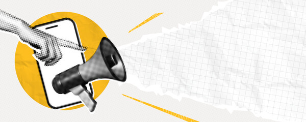 Obraz na płótnie Canvas Trendy Halftone Collage Promotion banner with Megaphone, Phone and Hand. Torn paper edge with empty space. Online announcing and marketing. Social media news. Contemporary vector illustration art