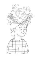 Outline Senior Woman Peace of Mind and Mental Health. Coloring Page with Elderly Lady with Earth, Flowers and Dove Birds. Mindfulness, Harmony, Tranquility and Wellness. Vector Illustration 