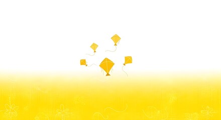 Yellow kites flying in a bright sky, abstract summer background with gradient and subtle texture isolated on White Background
