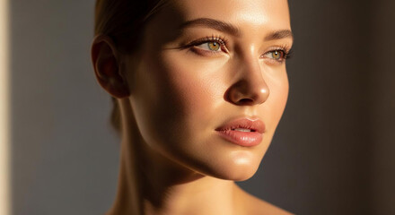 Fototapeta premium Close-up portrait of a serene young woman looking away with soft, natural lighting and a neutral expression against a gray background.