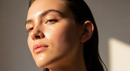 Fototapeta premium Close-up portrait of a serene young woman with closed eyes and soft, natural lighting on her face against a plain gray background.