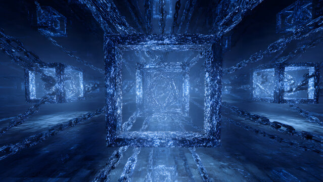 Deep within a blockchain verification node with 3D hash chains forming crystalline structures