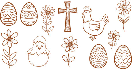 Easter and Spring Hand Drawn Line Art Vector Illustrations, EPS