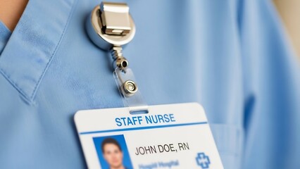 Close-up of a Staff Nurse ID Badge on a Blue Uniform, Healthcare Professional.