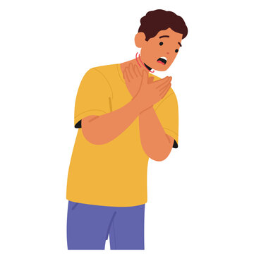 Anxious man feeling lack of air and gasping suffering from panic attack isolated on white background