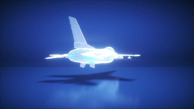Glowing Holographic Jet Fighter in Futuristic Blue Background Casting Shadows on Reflective Surface with Advanced Technology and Luminous Effects for High Tech Atmosphere