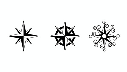Obraz premium Collection of Three Compass Roses and Nautical Stars Icon Set. Black Vector Graphics for Navigation, Travel, Adventure, and Direction Symbols.