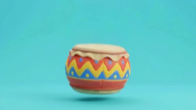 Colorful Animated 4K Seamless Loop of a Stylized Ramadan Musaharati Drum Bouncing on a Bright Blue Background
