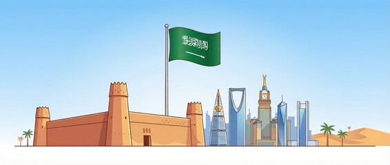 Saudi arabia founding day illustration in vector style with famous buildings.