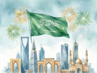Saudi founding day card illustration in watercolor style.