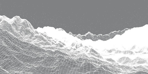 Abstract digital landscape with white mountain peaks against a gray sky