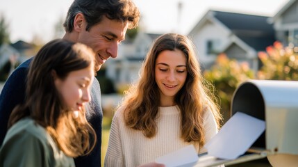 Fototapeta premium Family reading mail together in front of mailbox on sunny day 