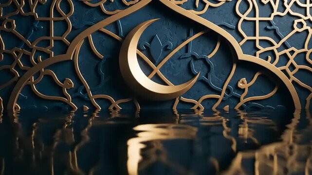 Ramadan Kareem Islamic Art with Crescent Moon and Reflections