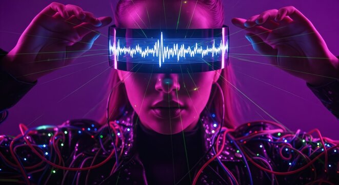 Woman Wearing Futuristic Audio Visualizer Glasses with Glowing Neon Wiring
