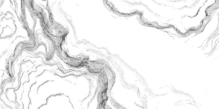 Detailed topographic contour lines illustrating mountainous terrain and river valley in grayscale topography