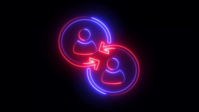 Glowing neon affiliate program icon isolated on black background, futuristic digital marketing concept, innovative online business strategy. Symbol of collaboration and online business networking.