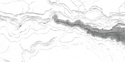 Topographic contour lines abstract pattern with dark grey river valley and white background texture © Towhidul