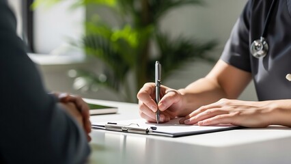 Doctors hand writing on a clipboard during a medical consultation with a patient.