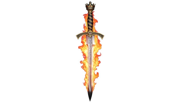 Fiery sword with crown hilt standing tall against white background symbolizing power