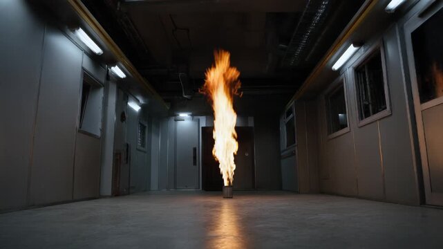 A bright pillar of flame erupts from a metal container in the middle of an empty gray corridor with dim industrial lighting