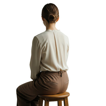 Woman sitting on stool with back to camera isolated on transparent background
