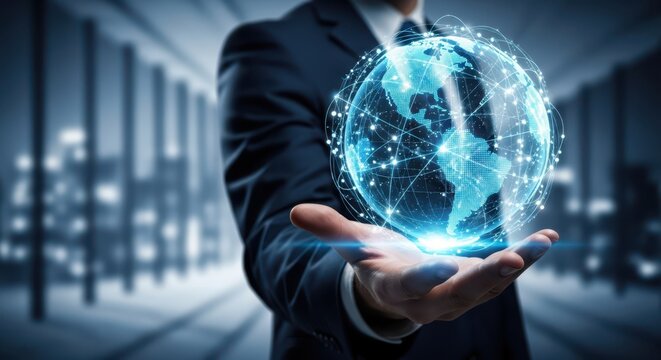 Closeup Businessman Hand holding virtual globe with network lines, representing international business expansion, globalization, and cross border connectivity.