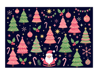 Fototapeta premium Festive christmas pattern with santa claus and trees on dark blue background