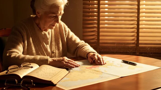 Elderly woman studies map at table. Senior traces route with finger. Planning travel using map and notebook. Pen rests near open book as she marks route. Warm light through blinds creates calm mood.