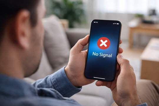 Man holding smartphone showing no signal warning on mobile screen, wireless network outage problem, internet connection failure message, cellular communication error, technology disruption concept, di