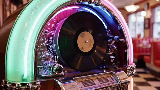 A close-up of a vintage jukebox with a vinyl record, featuring colorful neon lights in a diner setting