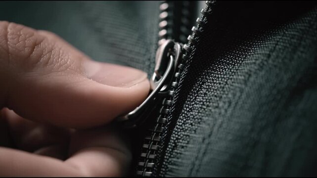 Close-up of a hand zipping up a dark fabric with a metal zipper and silver pull tab.