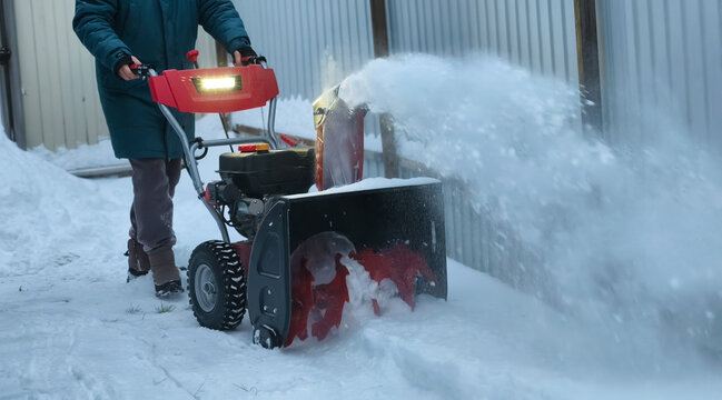 Person operating a snow blower to clear snow from a yard during winter