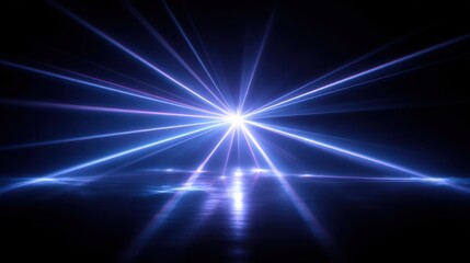 Fototapeta premium Blue light burst on reflective surface in dark background.