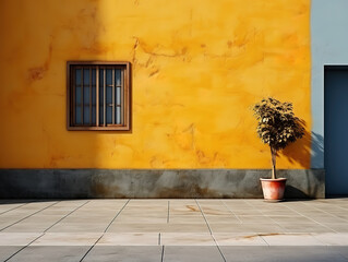 Urban street concrete wall with paving stones, detailed building facade texture