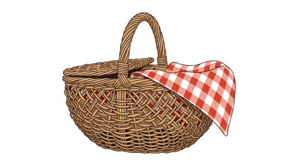 Fototapeta premium Traditional woven wicker picnic basket with a red and white checkered cloth draped over the side isolated on a clean white background.