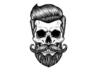 Hipster Skull with Beard and Mustache &ndash; Vintage Barber Skull Illustration