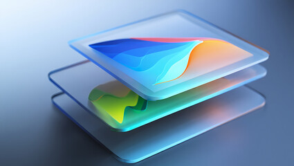 A stack of transparent glass tablets with colorful abstract screens on a blue gradient background