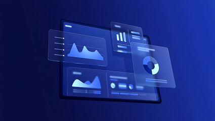 Data visualization on digital screens with graphs and charts on blue background