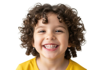 Happy child with curly hair and bright smile isolated on transparent background