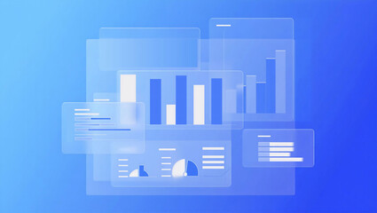 A blue gradient background with layered transparent rectangles containing bar graphs and text elements in white and blue