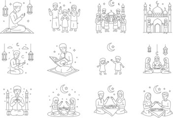 Obraz premium Children and Family Celebrating Islamic Holidays: Praying, Eating, and Visiting Mosques