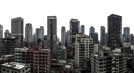 Obraz premium Dense urban skyline with gray and brown rise buildings under overcast sky cityscape skyscrapers