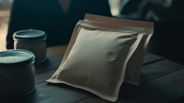 Close-up of beige pouches and jars on a dark wooden surface, with a blurred background