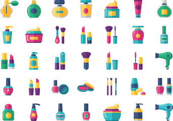 Colorful flat design icons of makeup and beauty items like lipstick, nail polish, and hairdryers.