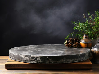Marble tabletop in grey with dark cement stone backdrop for luxury product showcase